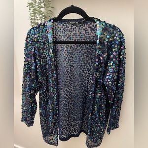 Cathy Hardwick Sequin Shear Jacket Cardigan Vintage Size Small Navy Long Sleeve